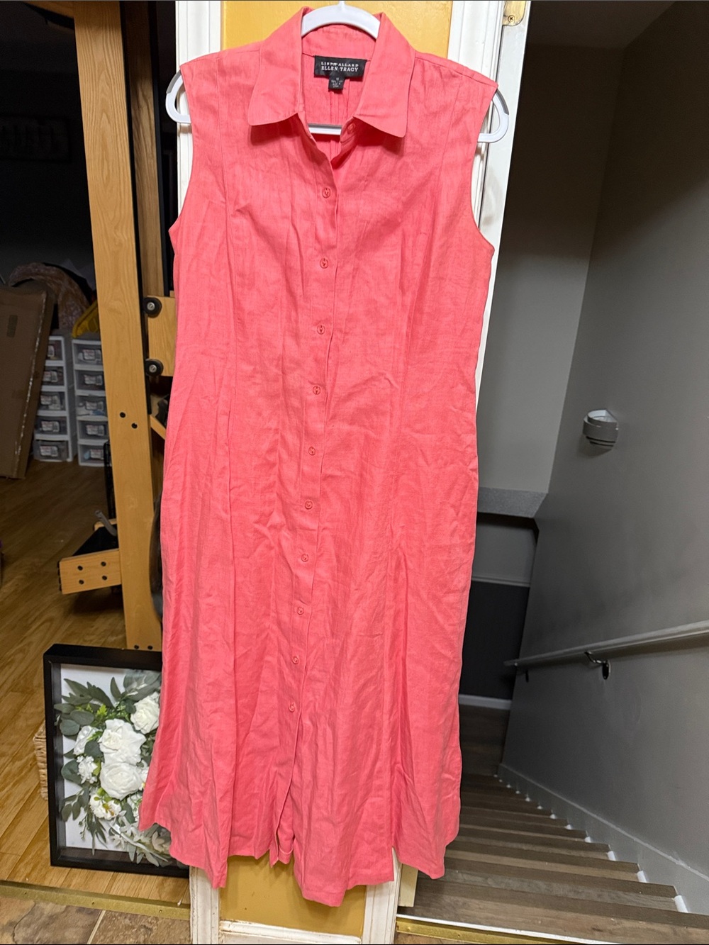 Linda Allard Ellen Tracy 100% Linen Sleeveless Button Front Shirt Dress 10